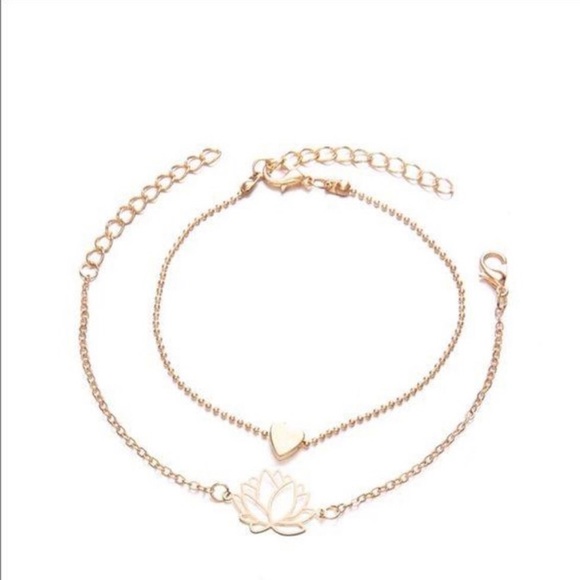 🥳HP🥳 Lotus Flower & Heart Charm Gold Bracelet 2pc Set - Picture 2 of 3